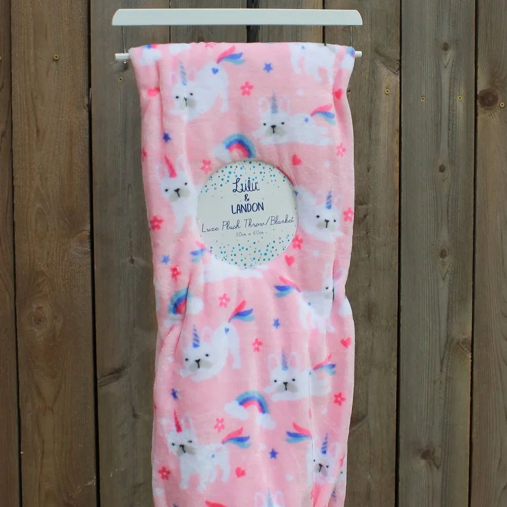 Pink Unicorn Frenchie Dog Plush Throw Blanket